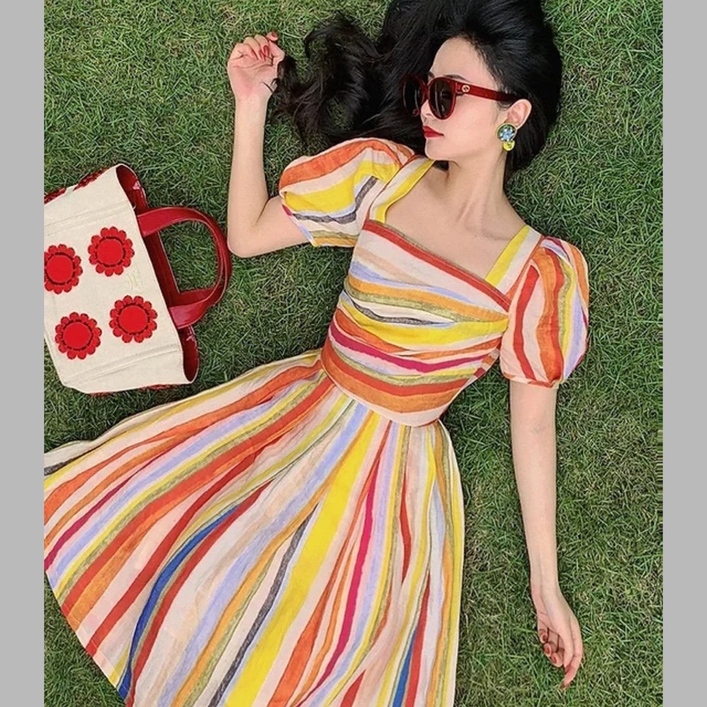 Mr Water Rainbow Summer lantern sleeve sweet dress